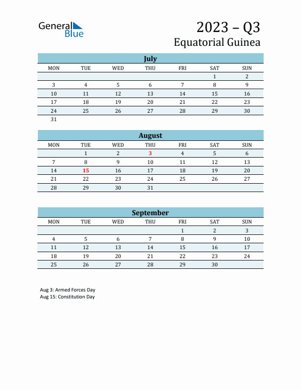 Three-Month Planner for Q3 2023 with Holidays - Equatorial Guinea