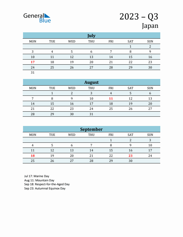 Three-Month Planner for Q3 2023 with Holidays - Japan