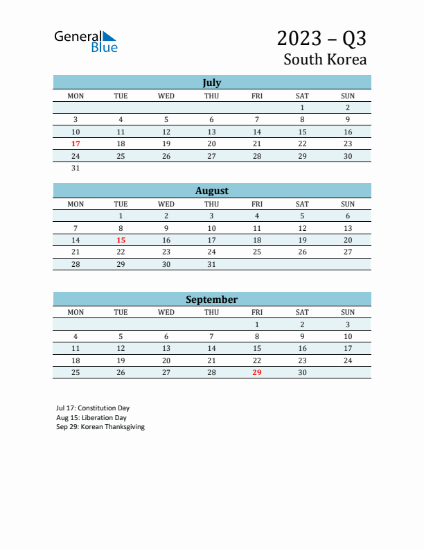 Three-Month Planner for Q3 2023 with Holidays - South Korea