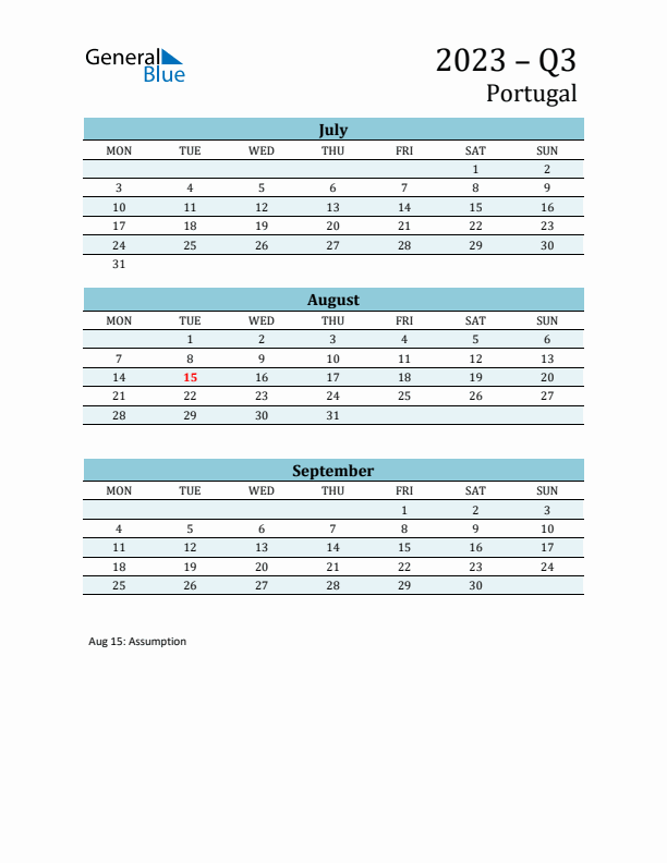 Three-Month Planner for Q3 2023 with Holidays - Portugal