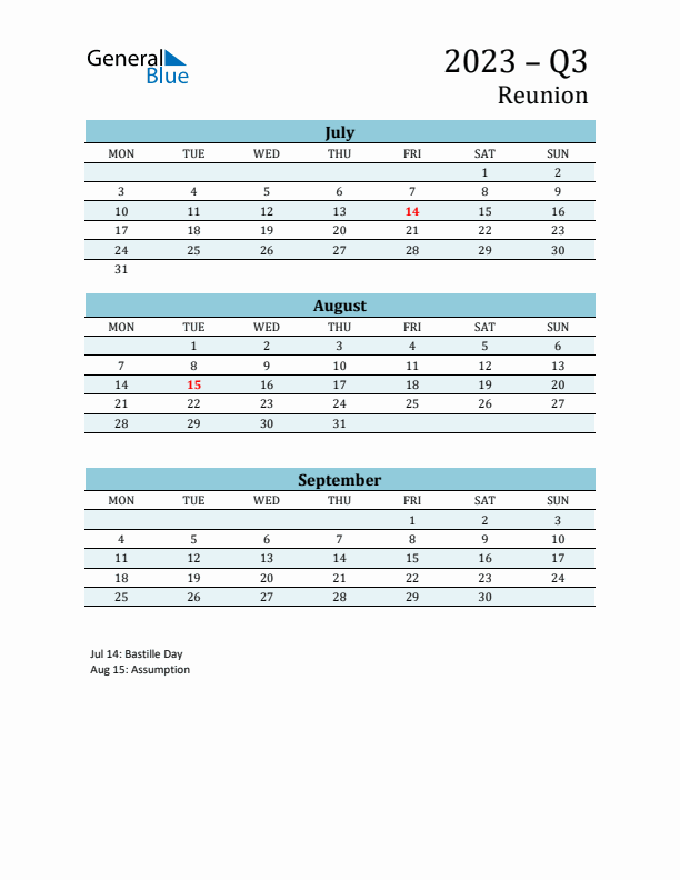 Three-Month Planner for Q3 2023 with Holidays - Reunion