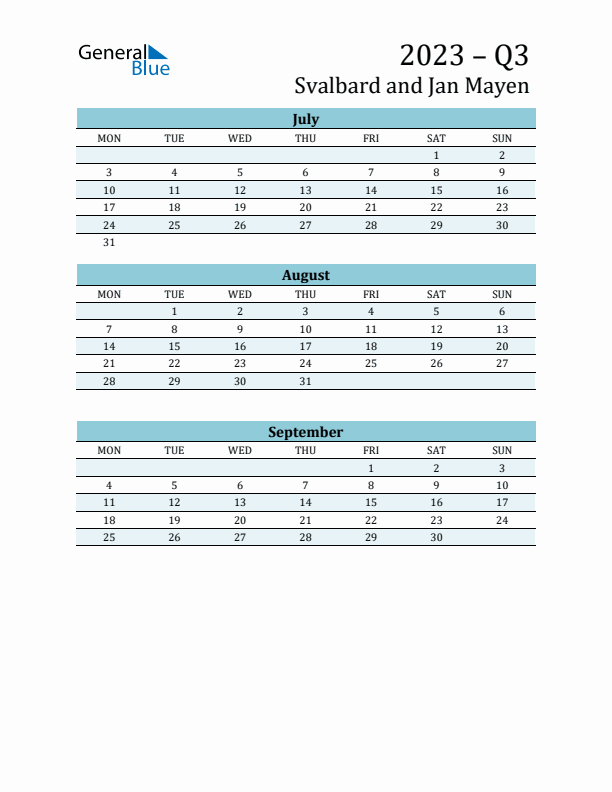 Three-Month Planner for Q3 2023 with Holidays - Svalbard and Jan Mayen