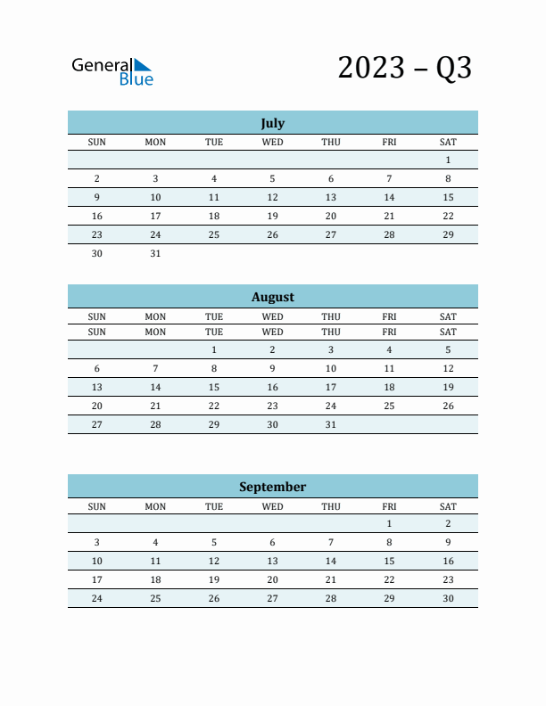 July, August, and September 2023 Calendar