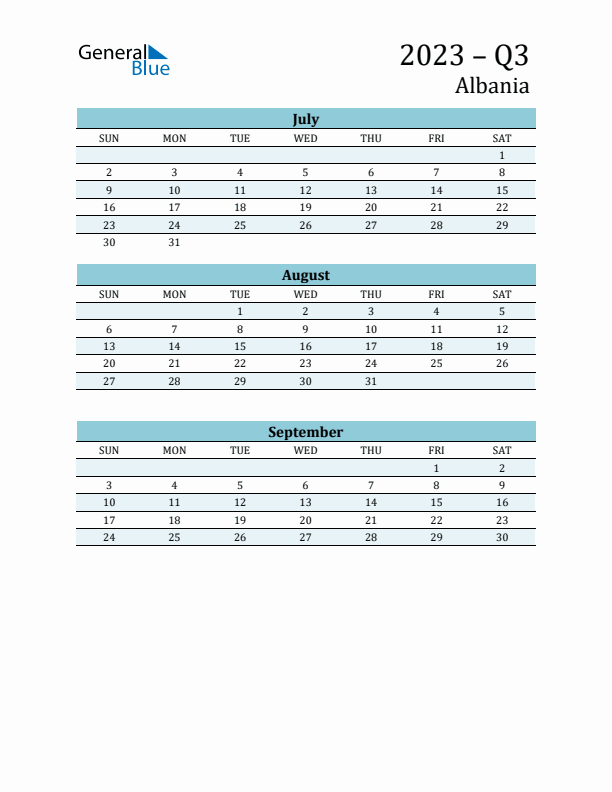 Three-Month Planner for Q3 2023 with Holidays - Albania