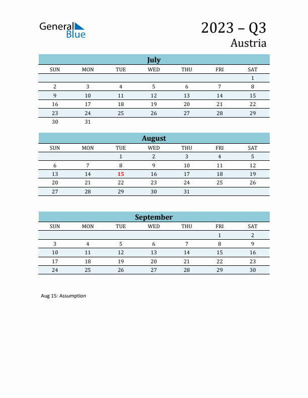 Three-Month Planner for Q3 2023 with Holidays - Austria