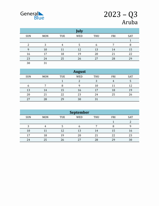 Three-Month Planner for Q3 2023 with Holidays - Aruba