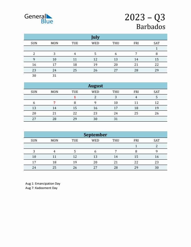 Three-Month Planner for Q3 2023 with Holidays - Barbados