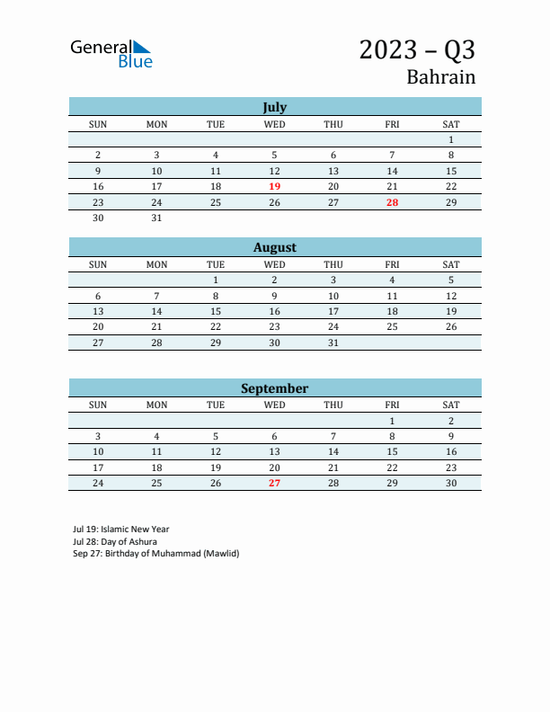 Three-Month Planner for Q3 2023 with Holidays - Bahrain