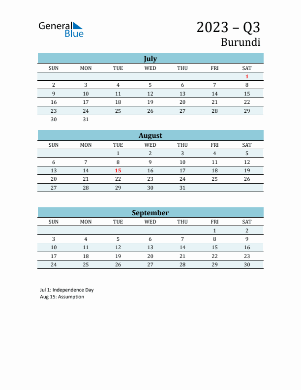 Three-Month Planner for Q3 2023 with Holidays - Burundi