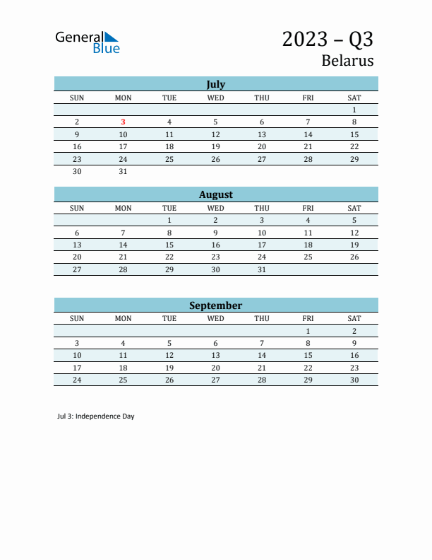 Three-Month Planner for Q3 2023 with Holidays - Belarus