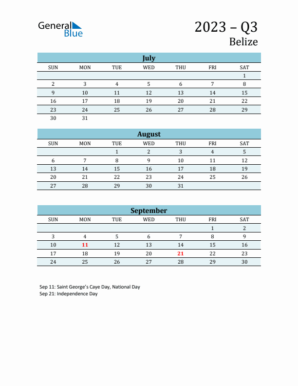 Three-Month Planner for Q3 2023 with Holidays - Belize