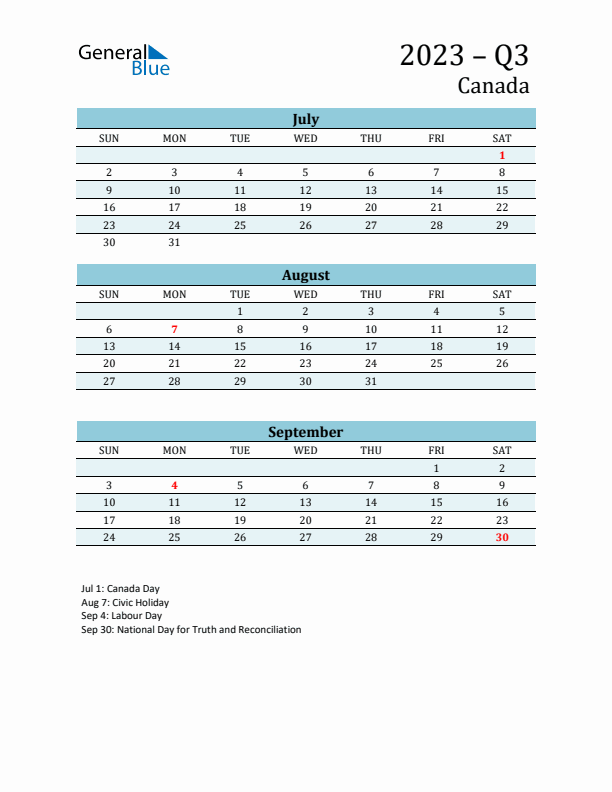 Three-Month Planner for Q3 2023 with Holidays - Canada