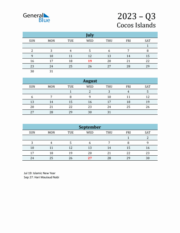 Three-Month Planner for Q3 2023 with Holidays - Cocos Islands