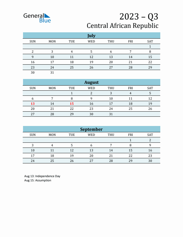 Three-Month Planner for Q3 2023 with Holidays - Central African Republic