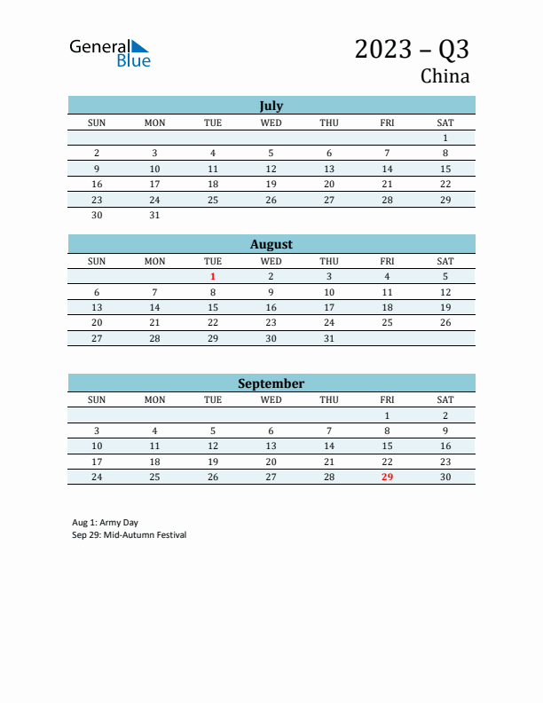 Three-Month Planner for Q3 2023 with Holidays - China