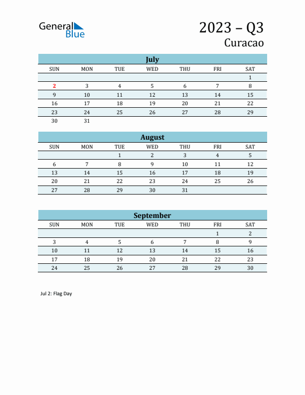 Three-Month Planner for Q3 2023 with Holidays - Curacao