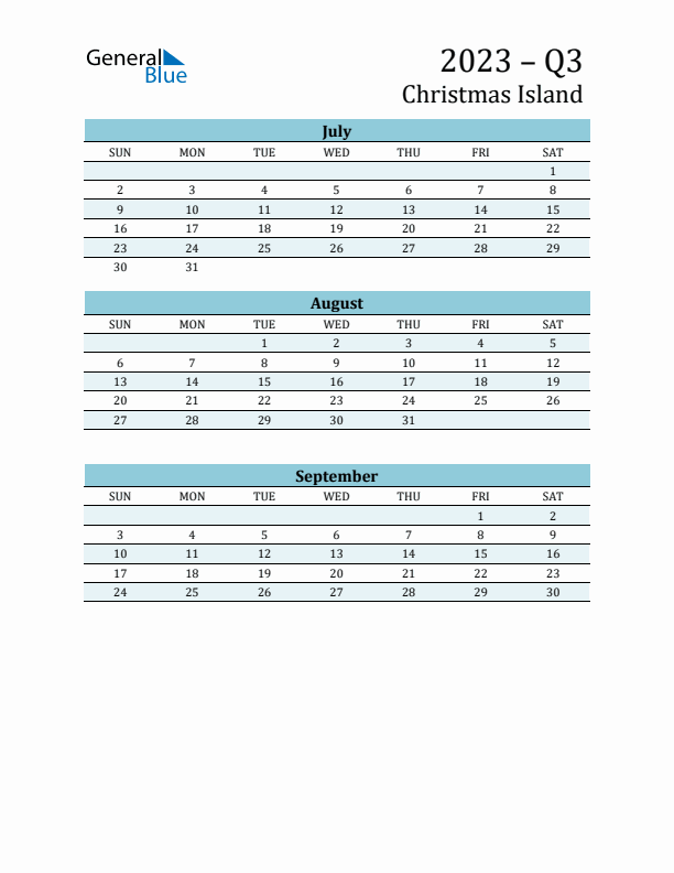 Three-Month Planner for Q3 2023 with Holidays - Christmas Island