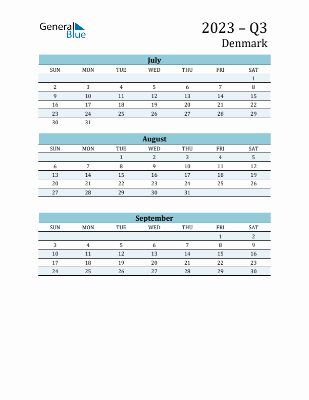 Three-Month Planner for Q3 2023 with Holidays - Denmark