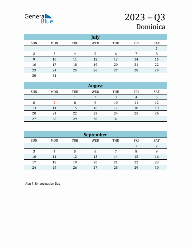 Three-Month Planner for Q3 2023 with Holidays - Dominica