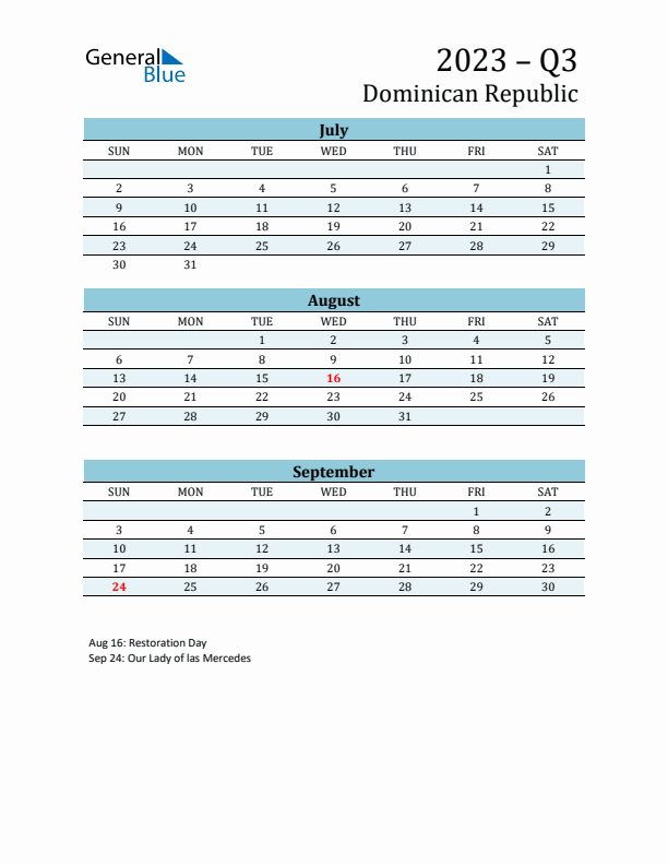 Three-Month Planner for Q3 2023 with Holidays - Dominican Republic