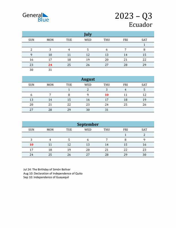 Three-Month Planner for Q3 2023 with Holidays - Ecuador