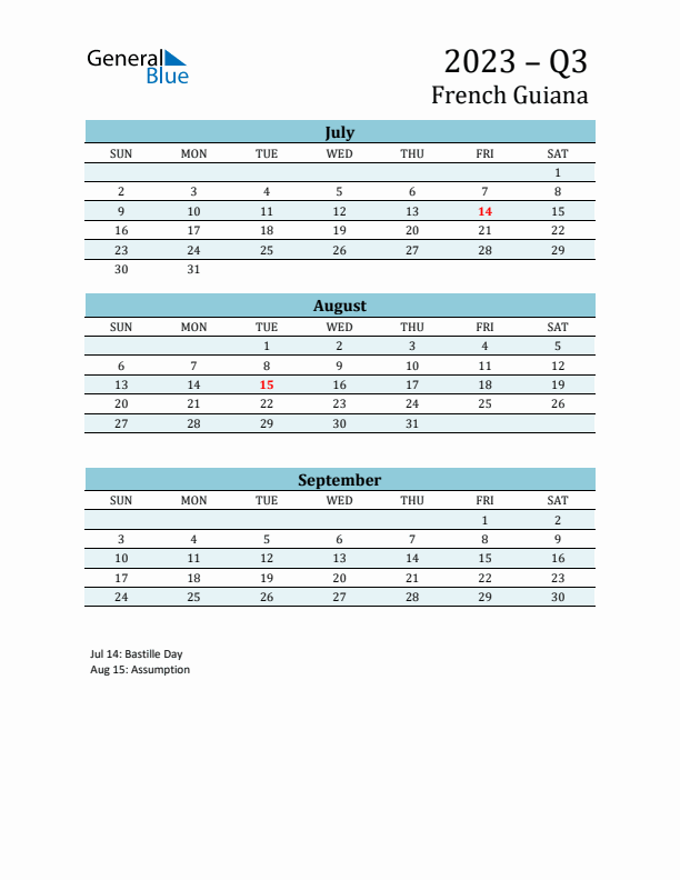 Three-Month Planner for Q3 2023 with Holidays - French Guiana