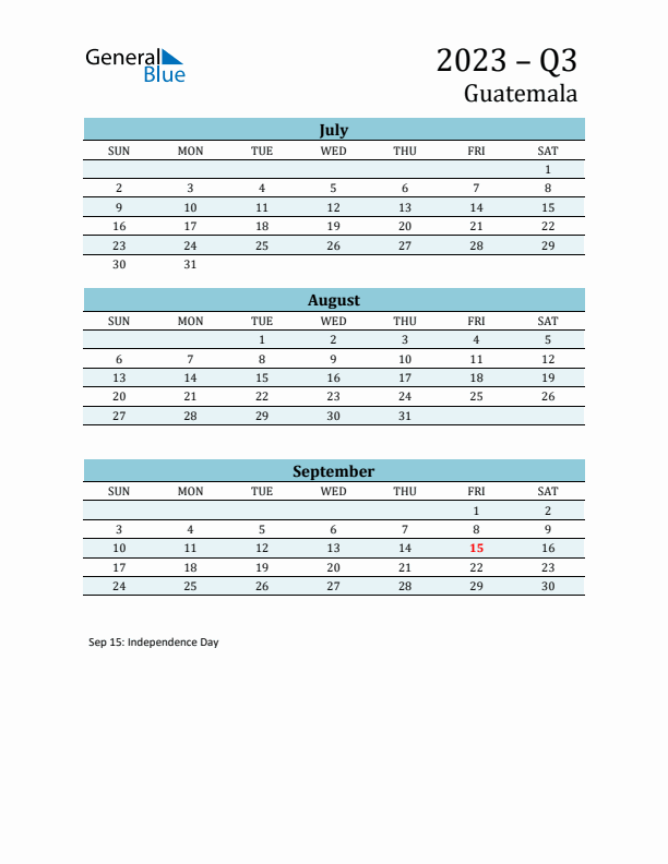 Three-Month Planner for Q3 2023 with Holidays - Guatemala