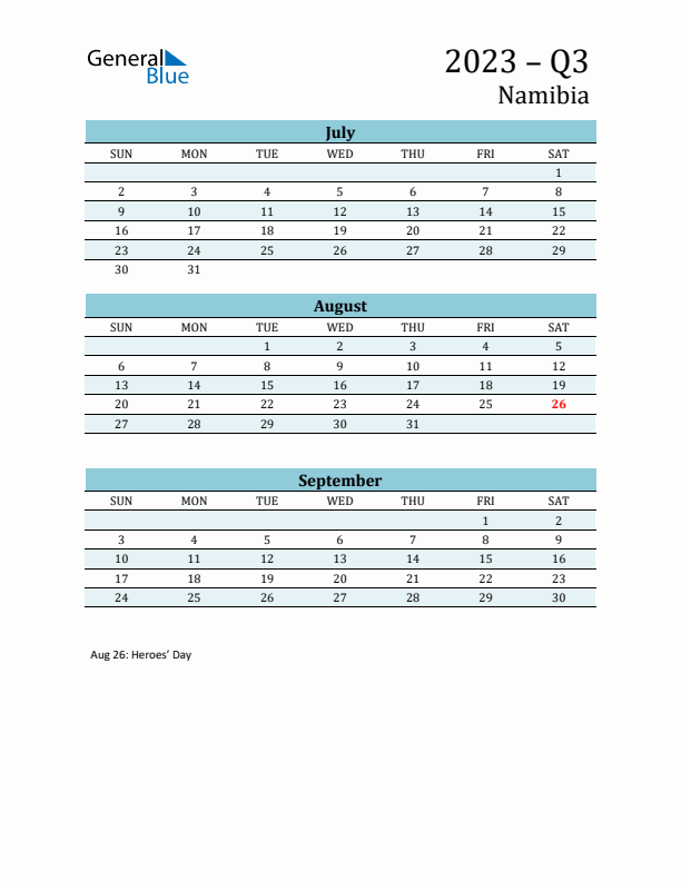 Three-Month Planner for Q3 2023 with Holidays - Namibia