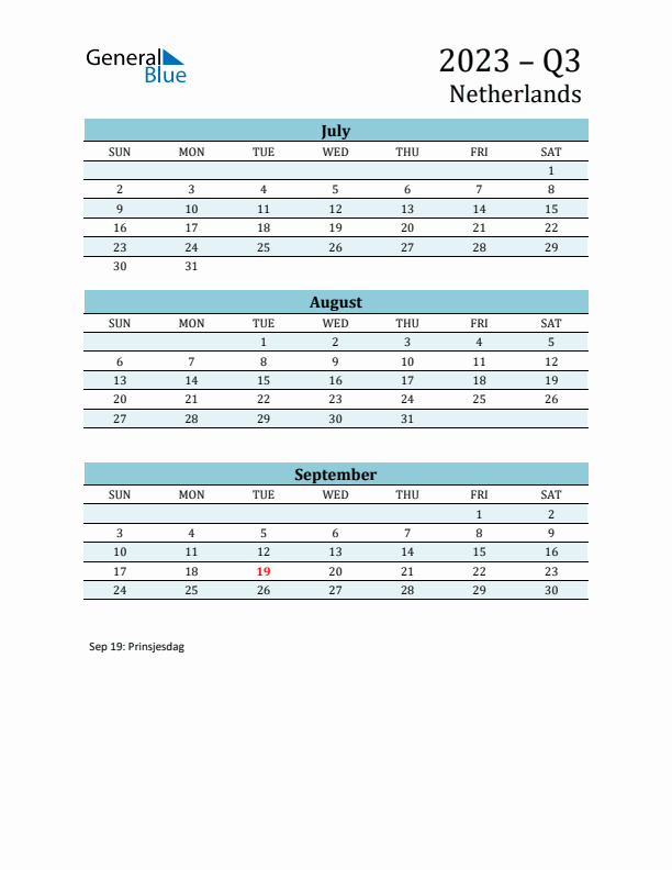 Three-Month Planner for Q3 2023 with Holidays - The Netherlands