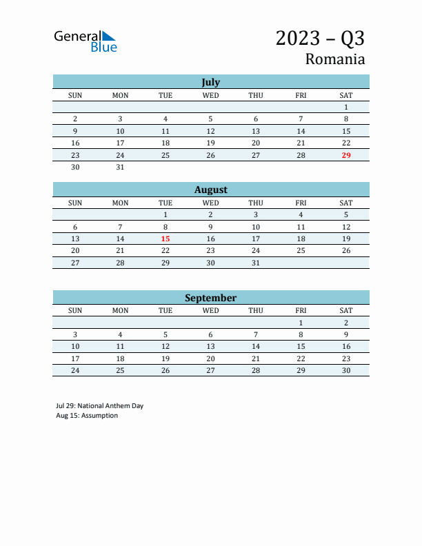 Three-Month Planner for Q3 2023 with Holidays - Romania