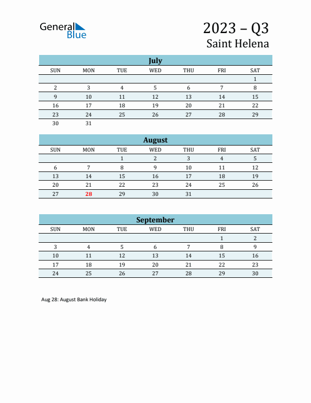 Three-Month Planner for Q3 2023 with Holidays - Saint Helena