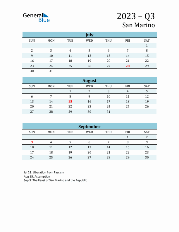 Three-Month Planner for Q3 2023 with Holidays - San Marino