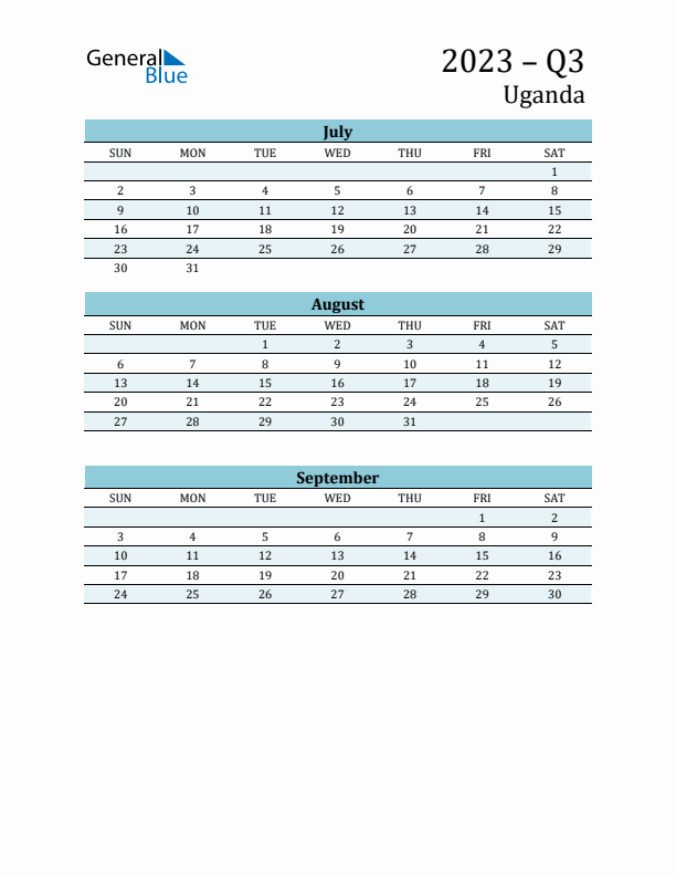 Three-Month Planner for Q3 2023 with Holidays - Uganda