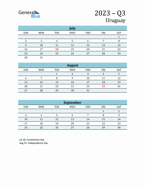 Three-Month Planner for Q3 2023 with Holidays - Uruguay