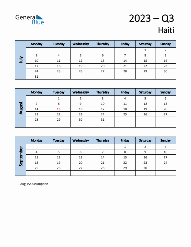 Free Q3 2023 Calendar for Haiti - Monday Start