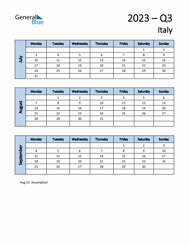 Free Q3 2023 Calendar for Italy - Monday Start