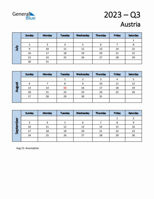 Free Q3 2023 Calendar for Austria - Sunday Start