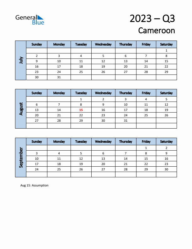 Free Q3 2023 Calendar for Cameroon - Sunday Start