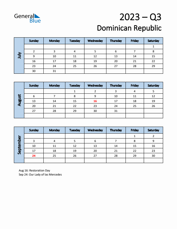 Free Q3 2023 Calendar for Dominican Republic - Sunday Start