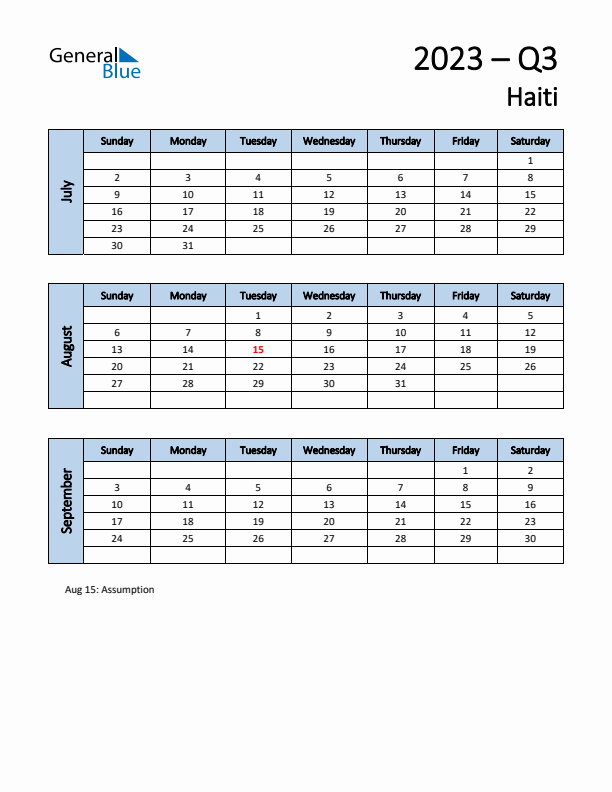 Free Q3 2023 Calendar for Haiti - Sunday Start