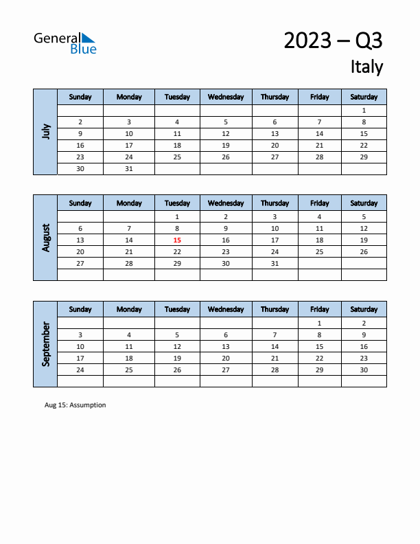 Free Q3 2023 Calendar for Italy - Sunday Start