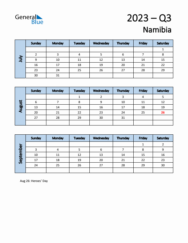 Free Q3 2023 Calendar for Namibia - Sunday Start