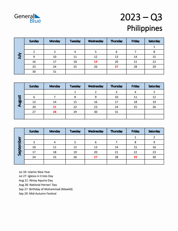 Free Q3 2023 Calendar for Philippines - Sunday Start