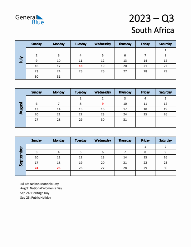 Free Q3 2023 Calendar for South Africa - Sunday Start