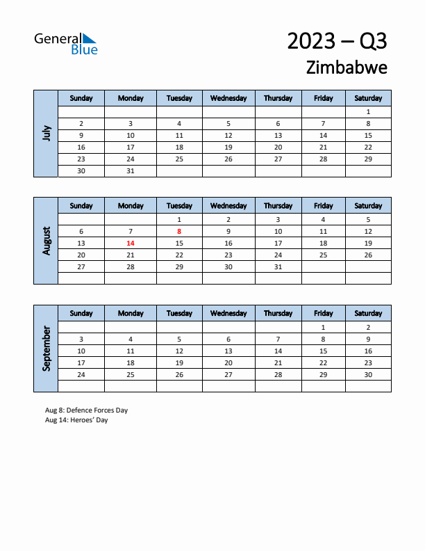 Free Q3 2023 Calendar for Zimbabwe - Sunday Start