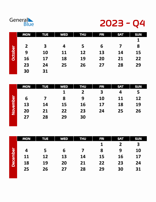 Editable Quarterly Calendar (Monday Start)