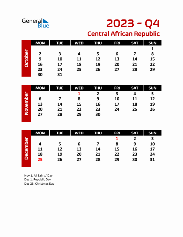 Q4 2023 Calendar with Holidays in Central African Republic