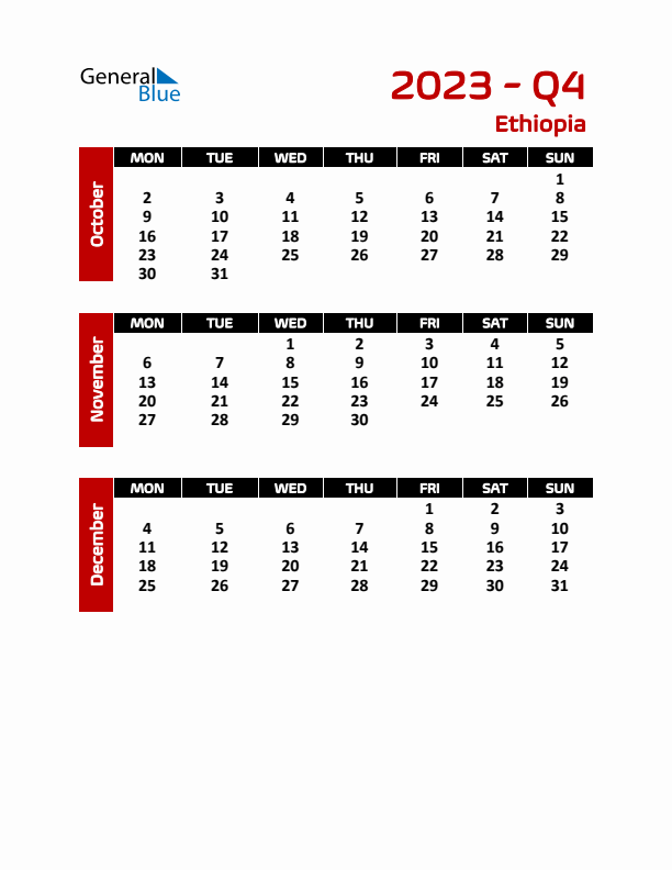 Q4 2023 Calendar with Holidays in Ethiopia