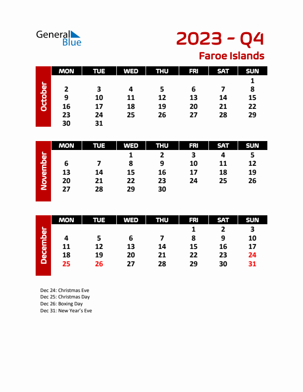 Q4 2023 Calendar with Holidays in Faroe Islands