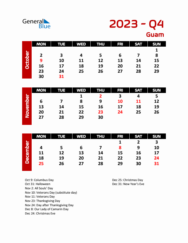 Q4 2023 Calendar with Holidays in Guam